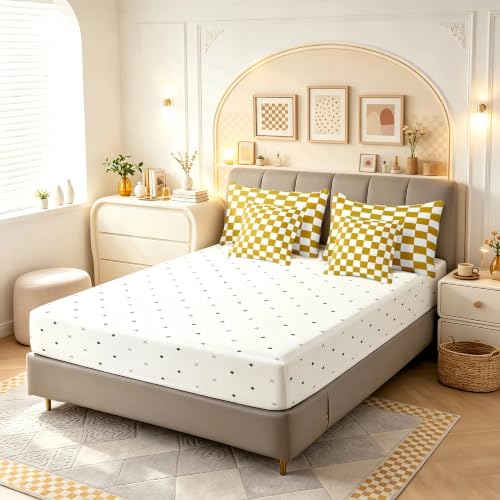 Image of Feelyou Checkered 7 Piece Bedding Set Teen Yellow White Plaid Decoration Comforter Set with Sheets Queen Size Kids Boys Cute Retro Neutral Grid Geometric Bed in a Bag Vintage Aesthetic Room Decor