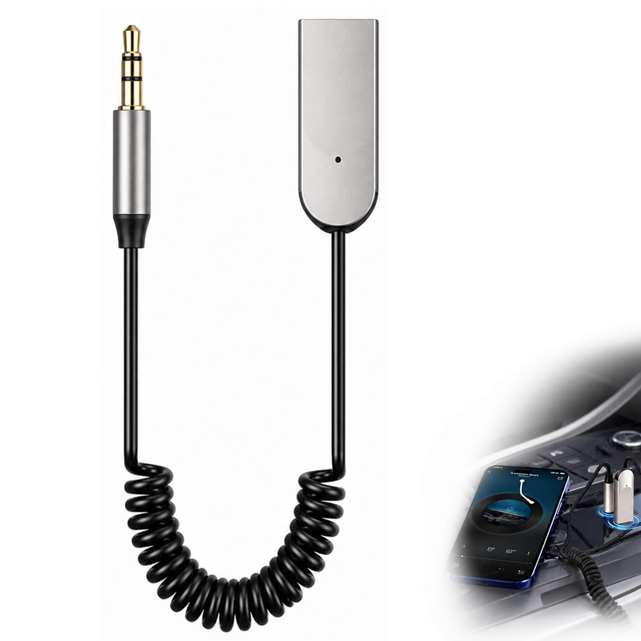 Bluetooth Receiver Jack 3.5 for Car, Bluetooth Car Aux USB Adapter with Microphone for Hands-free Calls, Audio and Elastic Cable for Car Speaker and Radio