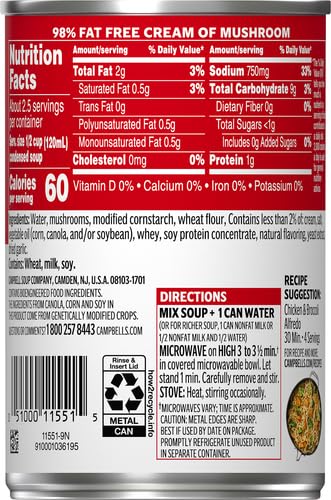 Image of Campbell's Condensed 98% Fat Free Cream of Mushroom Soup, 10.5 Ounce Can (Pack of 2)