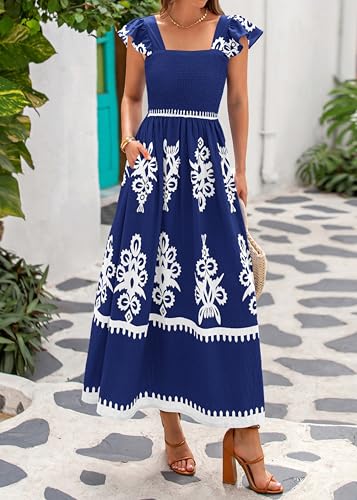 BTFBM Summer Dresses for Women 2025 Floral Smocked Boho Sleeveless Square Neck A Line Casual Beach Maxi Dress Pockets