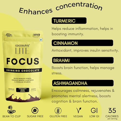 Image of Cocosutra FOCUS - Sugar Free Ashwagandha Drinking Chocolate Mix | Enhances Mental Alertness & Reduces Stress | Keto Friendly | Enjoy hot or cold | 200 g