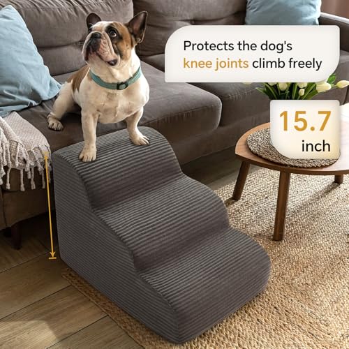 Curved Dog Stairs Ramp for Beds Couches and Chair, 15.7\" H, 3-Step Dog Steps for Small Dogs, Pet Stairs for Cats with Non-Slip, Removable and Washable Cover,Balanced Pet Steps Indoor, Deep Grey