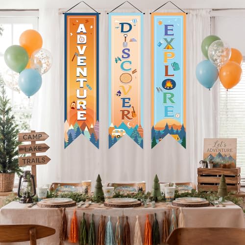 Image of Chiisong 3 Pieces Boho Camper Party Decorations Adventure Discover Explore Porch Signs Camping Hanging Backdrops for Indoor Outdoor Home Bar Birthday Photo Props Door Wall Party Decor Supplies