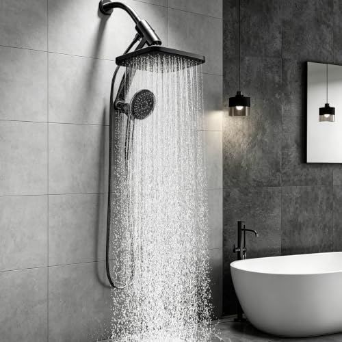 Image of 12 Inch High Pressure Rainfall Shower Head Combo,9 Settings Handheld Shower | Height /Angle Adjustable, 3 Spray Modes, Anti-leak, Built-in Magnetic Docking,Washing Jets,Holder, 59 inch Shower Hose, 1.75GPM