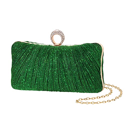 Image of iwish Womens Golden Glitter Clutch Purse Pleated Evening Bag for Bridal Wedding Party with Rhinestone Ring