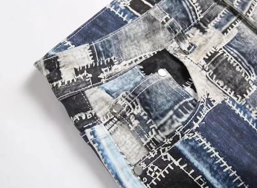 HENGAO Men's Patchwork Printed Jeans Stretch Slim Fit Skinny Jeans Casual Straight Leg Denim Pants3