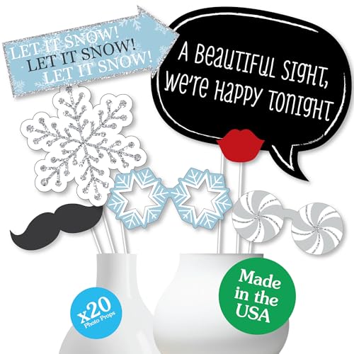 Big Dot of Happiness Winter Wonderland Photo Props, Snowflake Holiday Party Decorations, Winter Wedding Photo Booth Props Kit, 20 Count