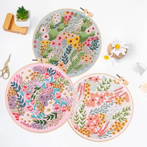 Image of LB Pink Floral Embroidery Kit for Beginners Adults, 3 Sets Hand Embroidery Starter Kit with Cactus Flower Pattern and Instructions Stamped Cross Stitch Kits Include Embroidery Hoop Needles Threads