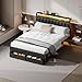 Furnulem Queen Bed Frame with Charging Station and LED Lights, Grey Upholstered Headboard with Shelves, Metal Platform Bed with 2 Under-Bed Storage (Fabric Drawer on Wheels), No Box Spring Needed