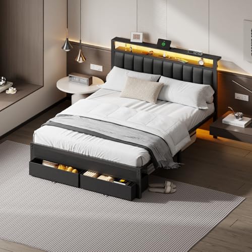 Image of Furnulem Queen Bed Frame with Charging Station and LED Lights, Grey Upholstered Headboard with Shelves, Metal Platform Bed with 2 Under-Bed Storage (Fabric Drawer on Wheels), No Box Spring Needed