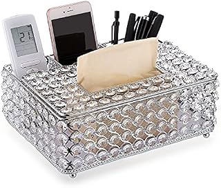 BSTKEY Crystal Rectangular Tissue Paper Holder with Remote Control Solt, Household Facial Napkin Tissue Box Storage Organizer for Home Office, Silver