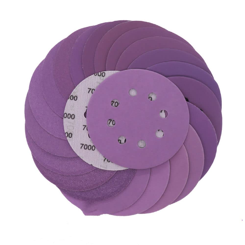 Juego de discos de lijado 5 pulgadas Gancho y bucle de 8 orificios Papel de lija de grano 1000-3000 para lijadora orbital aleatoria Carpintería Lijado automotriz,h