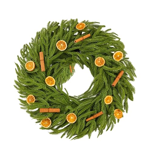 24INCH Real Touch Norfolk Pine Wreath, Christmas Wreaths for Front Door With Natural Dried Orange Slices and Cinnamon Artificial Green Wreath Holiday Decoration for Indoor Outdoor Home Decor