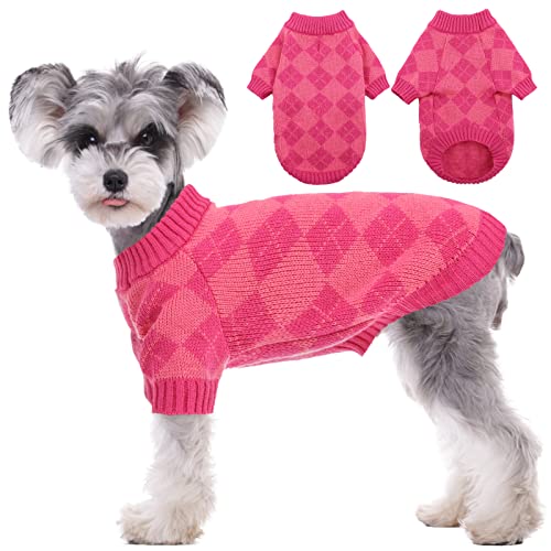 Kuoser Dog Sweater, Soft Warm Knitwear, Diamond Plaid Pullover Turtleneck Thickening Sweatshirt, Small Medium Large Dogs Costume Cold Weather Puppy Clothes with Leash Hole, XS - XL