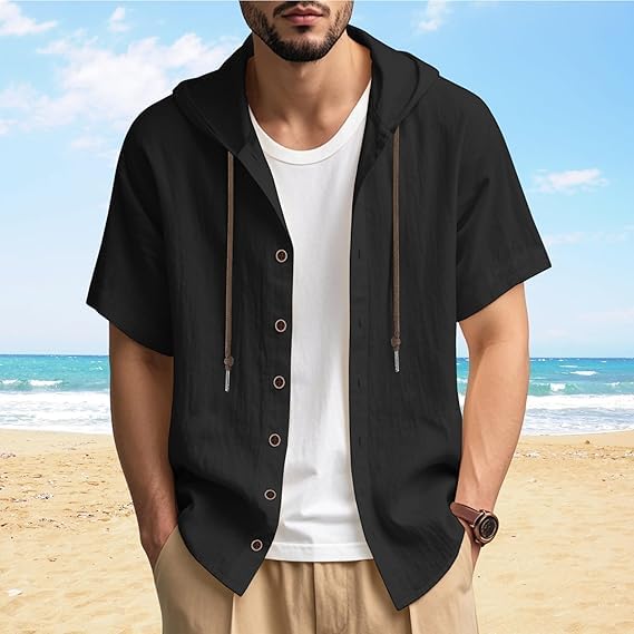 Womens Linen Hooded Button Down Shirt Casual Short Sleeve Drawstring Hoodie Blouses Summer Lightweight Beach Tops2