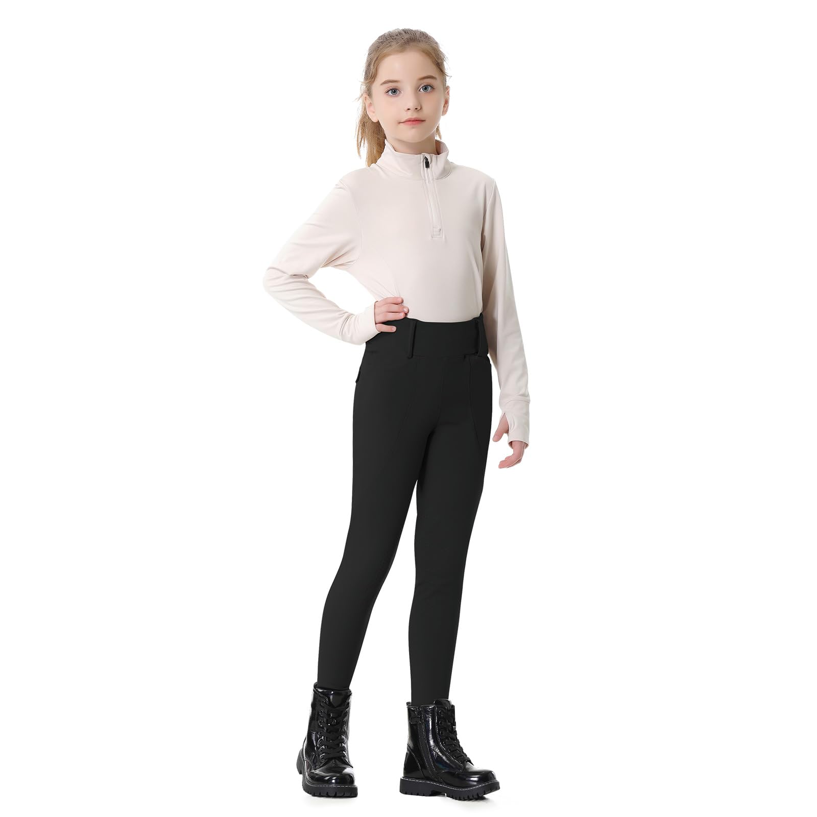 SPOEAR Kid's Fleece Lined Horse Riding Pants Winter Equestrian Breeches Girls Knee Patch Silicone Schooling Tights Pockets(Black,M)