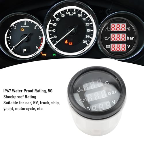 SIXRUN 3 in 1 Instrumentensensor -Kit, Motorkühlmitteltemperatur Öldruckmesser 12 -V -Volt -Messgerät für Autoboot 52 Mm Digitaler Safer Alarm (Schwarzes Zifferblatt, schwarze Abdeckung)