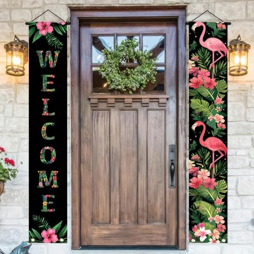 Image of BlissYard 2pcs Black Pink Flamingo Door Banner Summer Hawaiian Porch Banners Sign Sunshine Hibiscus Floral Front Door Hanging Decor Banner for Seasonal Home Hawaii Tropical Party Outdoor Decorations