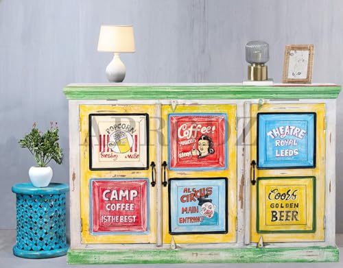 Image of APRODZ Solid Wooden Handpainted Sideboard Cabinet | Storage Cabinet with 2 Doors Shelf Storage for Living Room, Bedroom, Hotel & Home |Green (Multicolor)