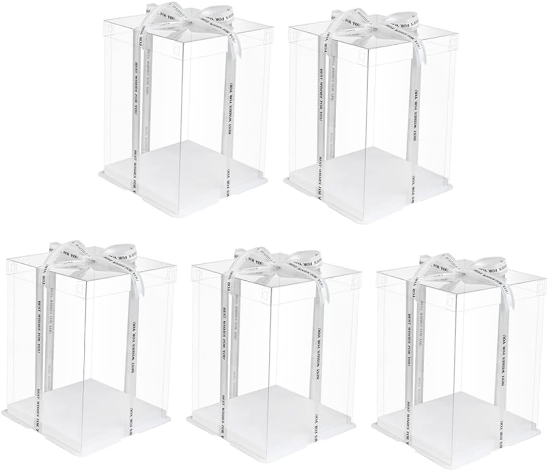 TIDTALEO 5pcs 8-inch Square Cake Boxes with Ribbon, Double-layer 26x26x25cm Food-grade Birthday Cake Carriers for Bakery, Party, and Packaging