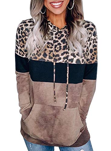 ROSKIKI Womens Long Sleeve Pullover Tops Leopard Tie Dye Colorblock Drawstring Sweatshirts Hoodies with Pockets Brown L