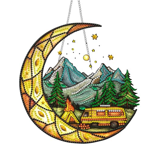 Pavemlo Hanging Diamond Art Kits for Adults Moon Landscape   8x8 Inch Double Sided Acrylic Board DIY Crystal Diamond Suncatcher Pendant, Sparkling Home Wall or Window Decoration Handmade Gift