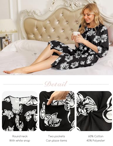 Image of Bloggerlove House Dress Women Cotton Snap Front Nightgown 3 /4 Sleeve Housecoat Duster Robe with Pockets Moomoo Patio Dress