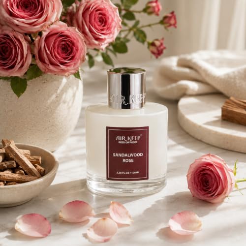 Image of Airkeep Reed Diffuser Set,3.38 fl oz (100 ml) - Sandalwood Rose Oil Diffusers with 8 Reed Sticks,Home Fragrance Reed Diffuser for Bathroom Shelf Decor