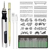 Rechargeable Cordless Electric Micro Engraver Pen Mini DIY Engraving Tool Kit for Metal Glass Ceramic Plastic Wood Jewelry with 30 Bits and 16 Stencils and 1 Scriber Pen (Silver)