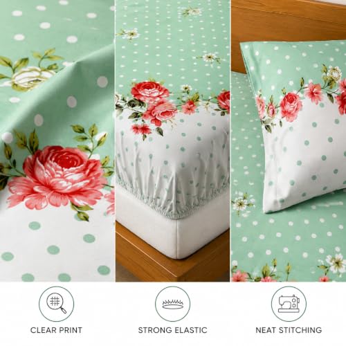 Image of Cotton Elastic Fitted Bedsheets with 1 Pillow Covers | Floral Printed Single Bed Elastic 220 TC Supersoft Breathable & Wrinklefree | for 36x72+6 Inches, Home Style Mint Green Rose
