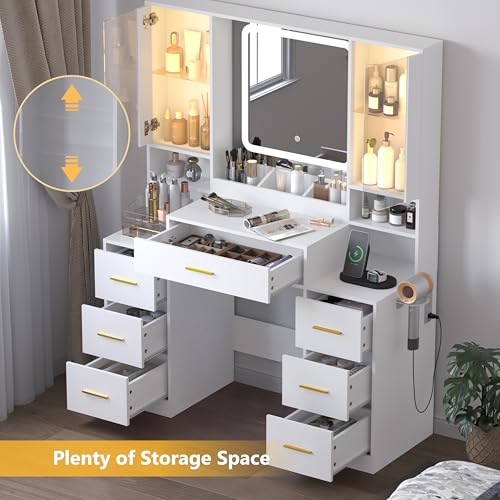 Image of Wodeer White Makeup Vanity Desk with Mirror & Lights, Modern Vanity Table with Charging Station, 7 Drawers, Glass Cabinet, Adjustable Shelves, Bedroom Dressing Table Set for Women & Girls