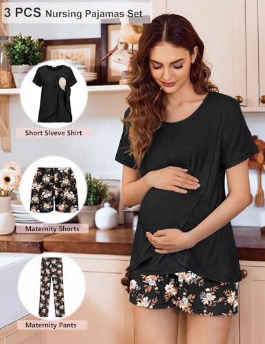 Image of Ekouaer 3 PCS Maternity Nursing Pajamas Set Postpartum Breastfeeding Short Sleeve Shirts, Pregnancy Shorts & Pants Pjs S-XXL