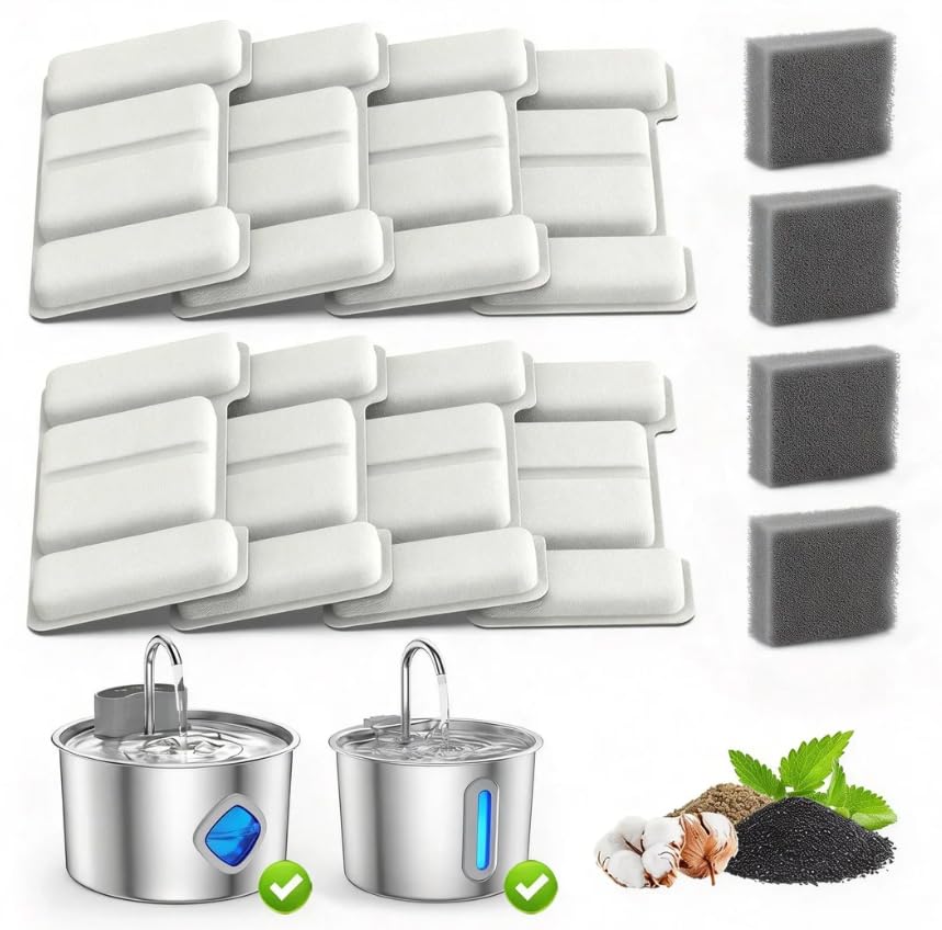 AVVKED Cat Water Fountain Filter Replacement 12-Pack (8 Carbon Filters + 4 Pump Sponges) Compatible with 2.2L/3L/3.2L/3.5L Stainless Steel Pet Fountains