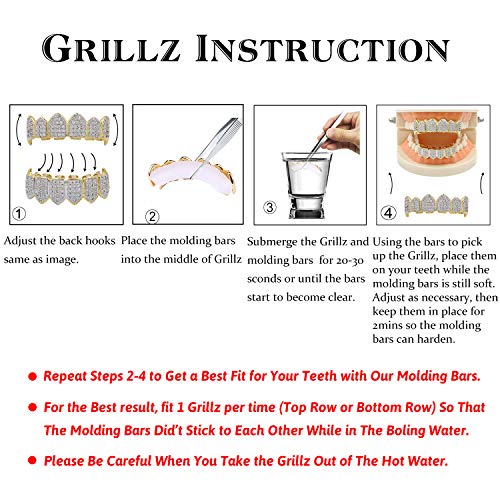 TOPGRILLZ Vampire Teeth Grillz Grills for Your Teeth 14K Gold Plated Vampire Fangs Open Face Gold Grillz for Men Women Hip Hop Cosplay Rapper Costume Accessory (Extra 2 Molding Bars)4