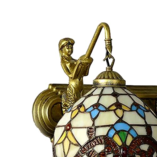 Image of Wall Sconce Vintage Style Stained Glass Bowl Wall Fixtures 2-Light Wall Light in Antique Brass with Mermaid for Bedroom Hallway Stairway Balcony