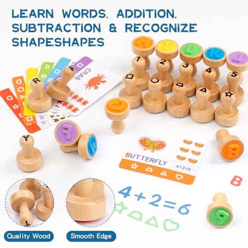 Image of Alphabet Number Stamps for Kids, Wooden ABC Spelling Toddler Stamps Set | Flashcard Mathematics Number Stampers Arts & Crafts Supplies, Alphabet Learning Toys for 3 4 5 Year Old
