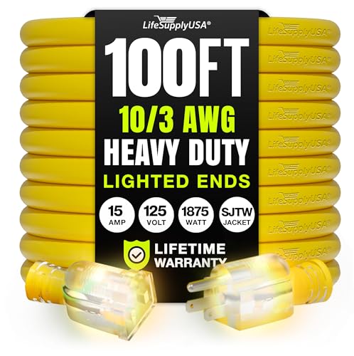 100ft Outdoor/Indoor Extension Cord 10/3 Gauge Ultra Heavy Duty 3 Prong SJTW, Waterproof, Flexible Cold-Resistant Long Power Cord,15A 125V 1875W, Yellow by LifeSupplyUSA