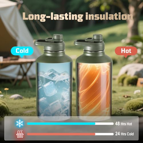 Image of ONETIGRIS Tactical Half Gallon Water Bottle with Straw - 64 oz Vacuum Insulated Stainless Steel Water Jug, Leakproof Sport Bottle with 3 BPA Free Lids, Paracord Handle & MOLLE Water Pouch for Outdoor