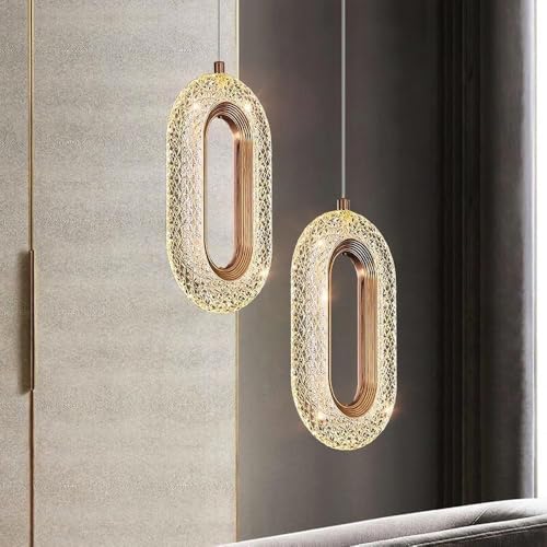 Image of Groeien Pack of 2 |12W | 3 Color Gold Finish Modern LED Crystal Oval Hanging Pendant Ceiling Lamp Fixture | Chandelier for Home, Indoor, Outdoor,Living Room, Bedroom(Oval-Crystal Ring, 2)