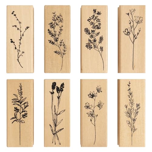 DIYOOHOMY 8 Pcs Wooden Rubber Floral Stamps Set, Vintage Flower Stamps for Crafting Tools Scrapbooking Card Making Journaling Clay Pottery Projects, Cute Ink Stamp Craft Kits for DIY Art Supplies