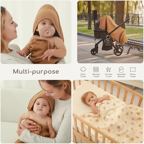 Image of Baby Bath Towels for Newborn 100% Muslin Cotton and Minky Dot Fabric Neutral Hooded Baby Towels Set 2 Pack for Boys Girls Ultra Soft and Absorbent 30 x 30 Inch Brown & Koala