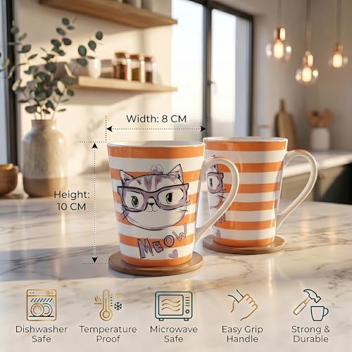 Image of UPC Cute Blue Cat Print Bone China Mug Set of 2 | Cartoon Ceramic Coffee & Tea Cups | Milk Mugs for Home, Office & Cat Lovers