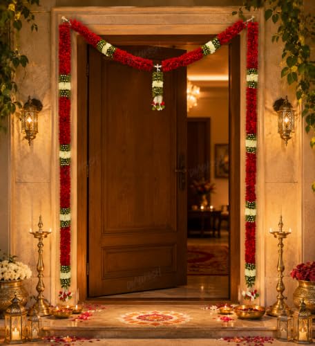 Image of Divyakosh Thoran Set (with Side Hanging), Toran for Main Door Entrance, Fabric, Handmade, Dark Red Floral Banderwal, Big Size, Width 44 Inches & Height 48 Inches