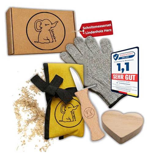 Eli Schnitzmesser Kinder Set ab 6 Jahre inkl. Schnitzholz und schnittfeste Handschuhe - hochwertiges Kindermesser Schnitzset und Rohling Herz - Kinderschnitzmesser - Schnitzwerkzeug - Outdoor Messer