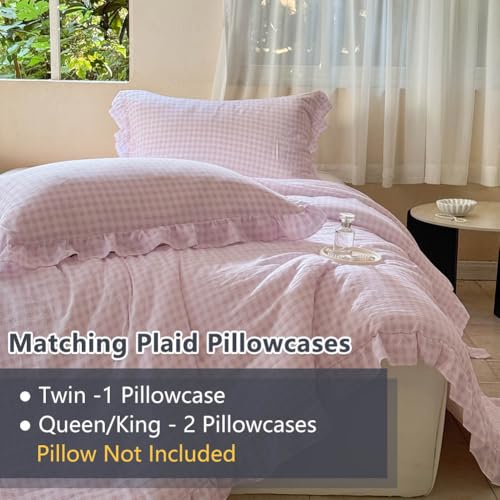 Image of NSNLGSGC Pink Ruffle Gingham Comforter Set King, Pre-Washed Ruffled Plaid Checked Comforter Bedding, 3 Pieces Vintage Farmhouse Grid Bedding Set(Pink Gingham, King)