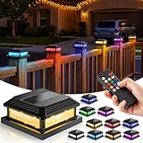 JOFIOS Solar Post Cap Lights Outdoor with Remote 12pack - Control 8 RGB Color Changing & Multicolor Flow Modes Easily, IP65 Waterproof - Fits 4x4/5x5 Wood/Vinyl Fence Deck Posts, Patio Garden, Black