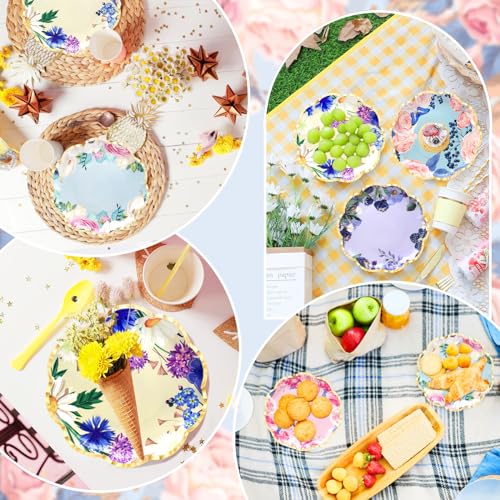 Benvo 60 Pack Floral Paper Plates 9 Inch Flower Dessert Plates Sparkle Disposable Plates for Tea Party Garden Party Baby Shower Bridal Shower Birthday Wedding Decorations(6 Assorted Styles)