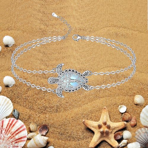 Image of Fenthring Turtle Anklet S925 Sterling Silver Blue Opal Sea Turtle Ankle Bracelets for Women Infinity Wave Ocean Beach Summer Foot Bracelet Jewelry Layered Adjustable