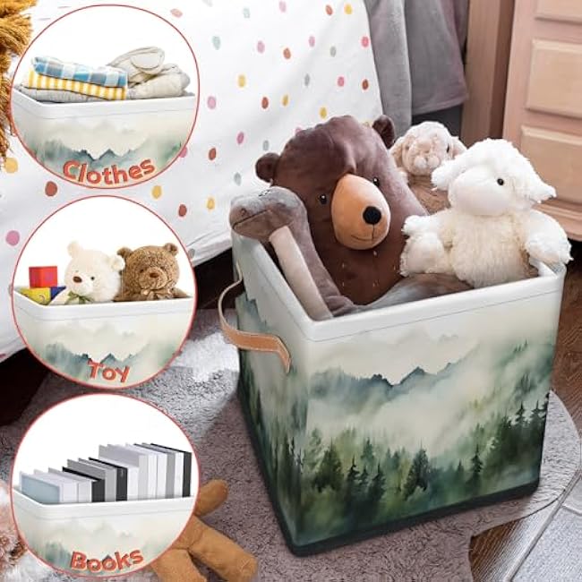 Green Misty Forest 11 Inch Cube Storage Bins Nature Woodland Foldable Fabric Storage Baskets with Handles Collapsible Square Organizers Box for Closet Shelves Clothes