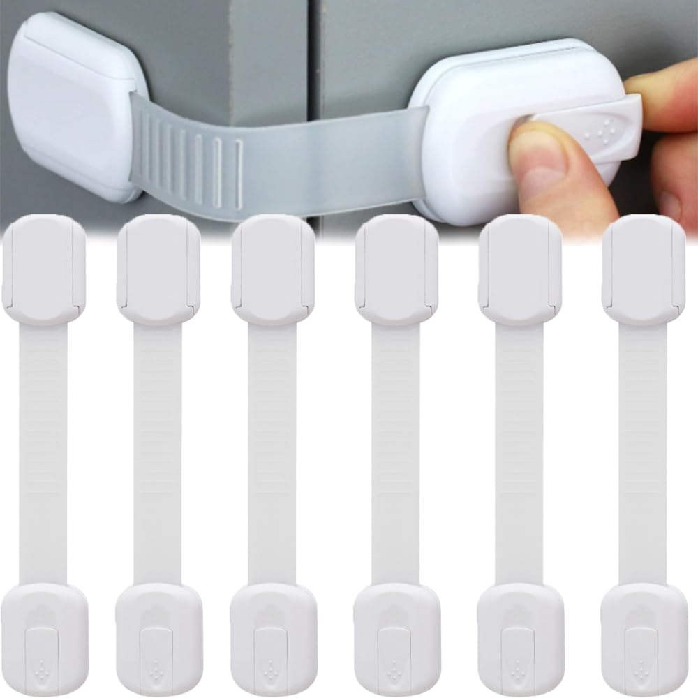 Adjustable Safety Cupboard Locks Locks for Kitchen Cupboards Cabinet Fridge Drawer Refrigerator Toilet Easy Install No Tools Needed White (6, White)